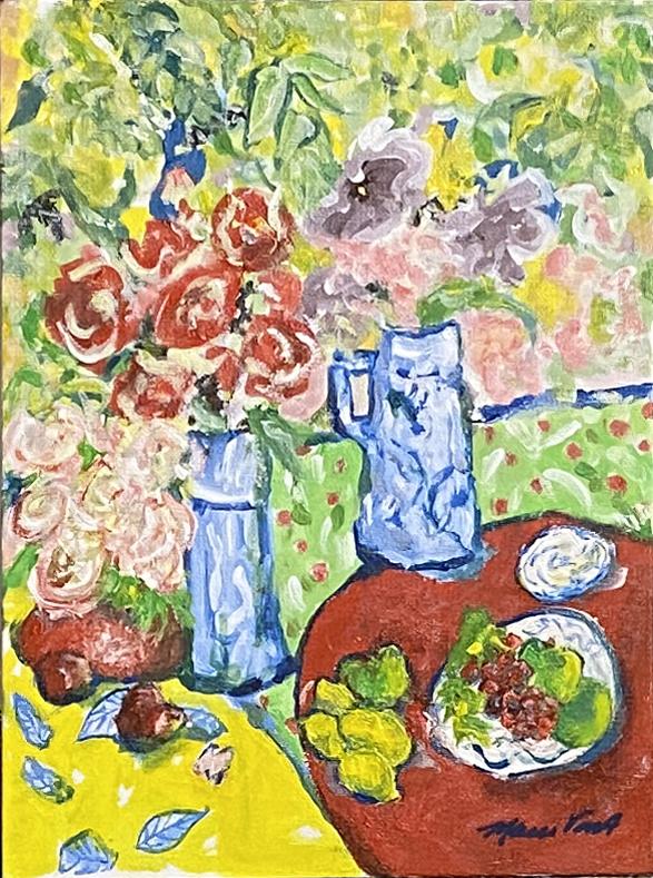 Picnic-in-the-park-with-flowers-original-paintings-of-flowers-for-sale-von-aldenbruck-fine-art-studio-original-art-Acrylic-on-canvas-rose-garden-picnic-roses-on-red-picnic-tabledcloth-fruit-greens-yellow-red