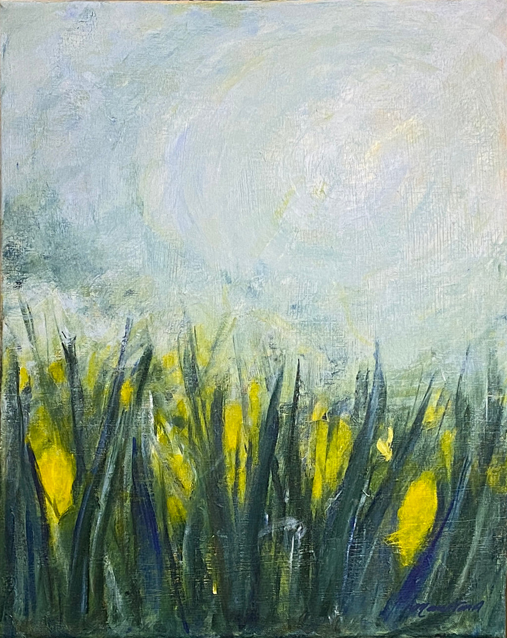 Von-Aldenbruck-Studio-Original-Acrylic-Flowers-in-yellow-blue-white-sky Calling-Angles-Original-Art-Acrylic-on-Canvas-light-Blue-sky-field-of-yellow-flowers