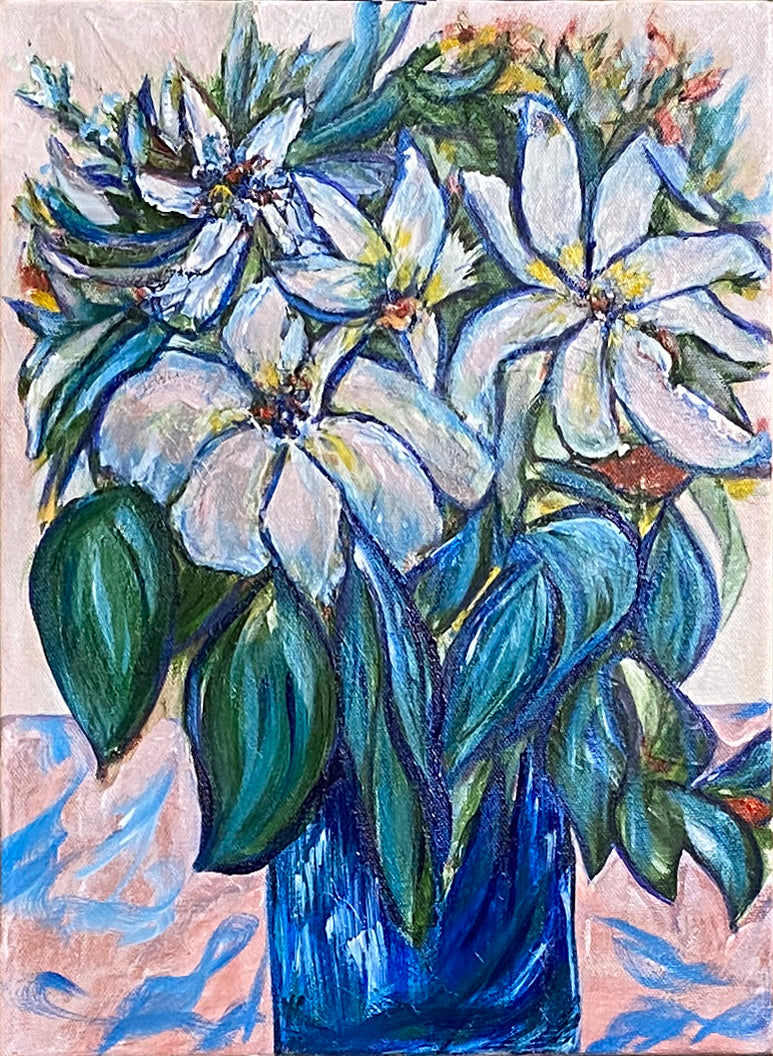 From-Me-To-You-Von-Aldenbruck-Studio-Original-Impressionist-Acrylic-Flowers-in-Pinks-Green-Leaves-Blue-Vase-Pink-Blue-tablecloth