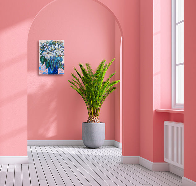 From-Me-To-You-Von-Aldenbruck-Studio-Acrylic-Flowers-in-Pinks-Green-Leaves-Blue-Vase-Pink-Blue-tablecloth-painting-hung-on-coral-walls-with-green-palm