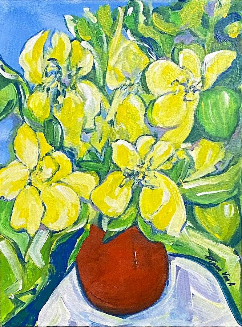 Island-Table-acrylic-on-canvas-Yellow-Flowers-Red-vase-blue-sky