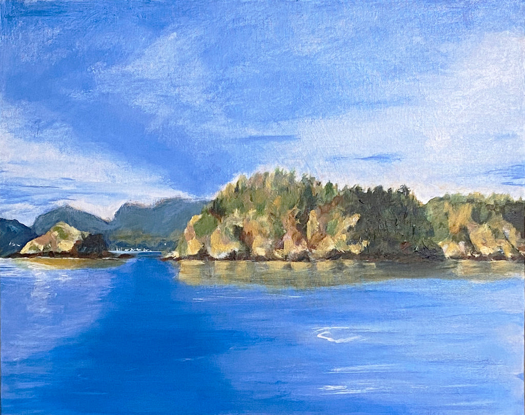 Salish-Sea-I-acrylic-plein-aire-original-painting-blue-sky-tree-islands-and-water-