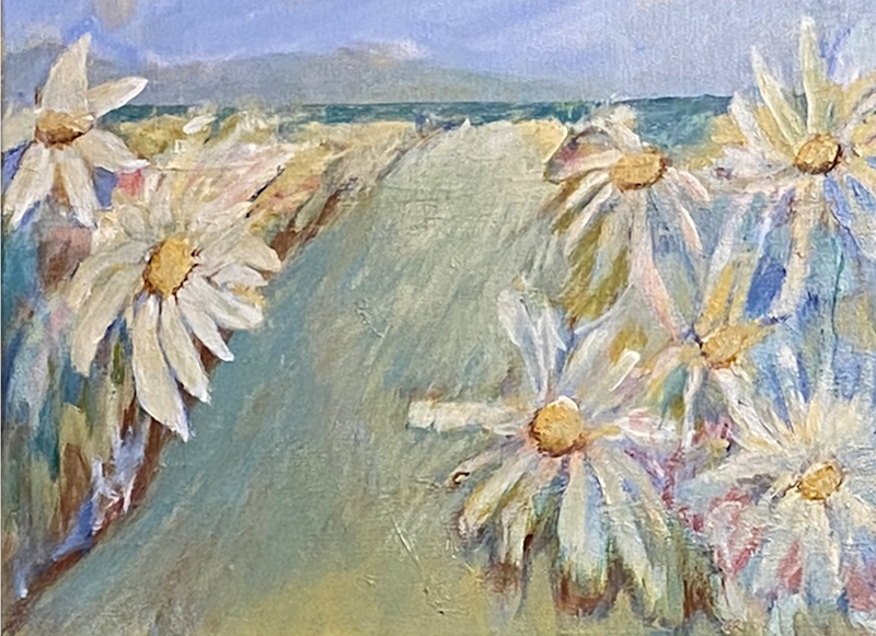 Ocean-Coast-Beach-Walk-Original-Acrylic-Impressionist-Painting-Von-Aldenbruck-Studio-Portland-Oregon-White-Daisys-Ocean-Path-Sea-View-Blue-Sky-Path-Sea-View-Blue-Sky