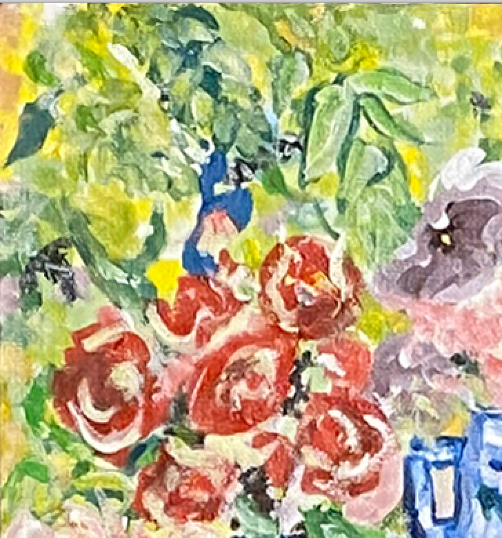 Portland-Rose-Garden-Picnicl-Original-Acrylic-Impressionist-Painting-Von-Aldenbruck-Studio-Portland-Oregon-Red-Yellow-blue-green-pink