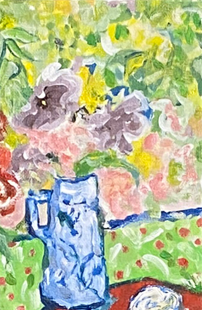 Portland-Rose-Garden-Picnicl-Original-Acrylic-Impressionist-Painting-Von-Aldenbruck-Studio-Portland-Oregon-Red-Yellow-blue-green-pink